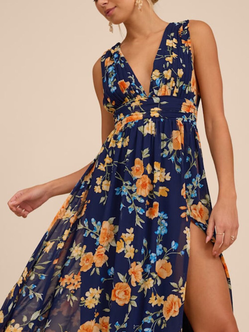 Lulus Heavenly Hues Dark Blue Floral Maxi Dress - Size M